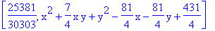 [25381/30303, x^2+7/4*x*y+y^2-81/4*x-81/4*y+431/4]